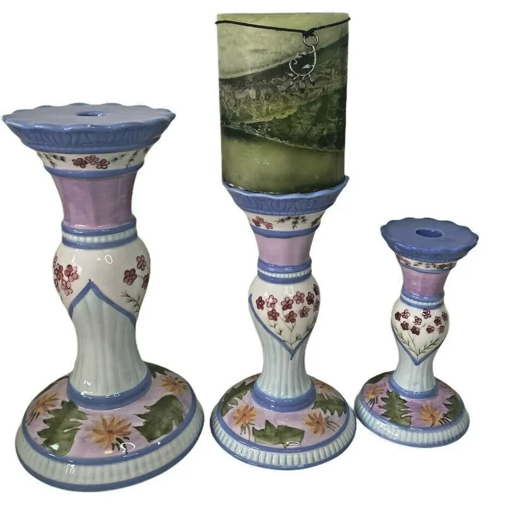 Capriware 3-Piece Pillar Candleholder Set Blue Purple Floral Hand Painted VTG
